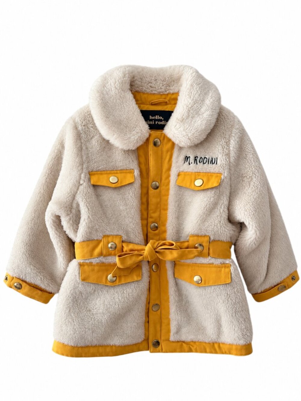 Mini Rodini Cream Faux Fur Belted Jacket Size 104/110